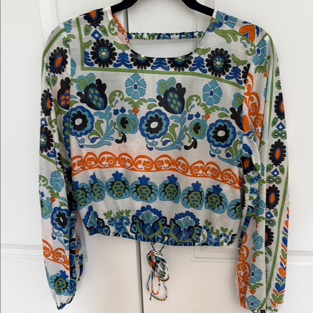 Mango Blue Puff Sleeve Crop Blouse